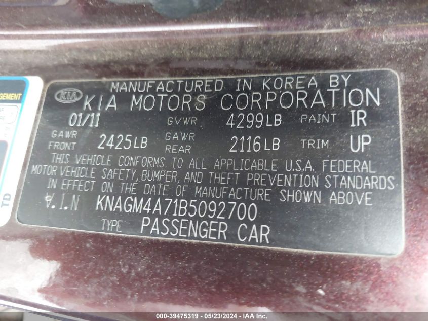 2011 Kia Optima Lx VIN: KNAGM4A71B5092700 Lot: 39475319