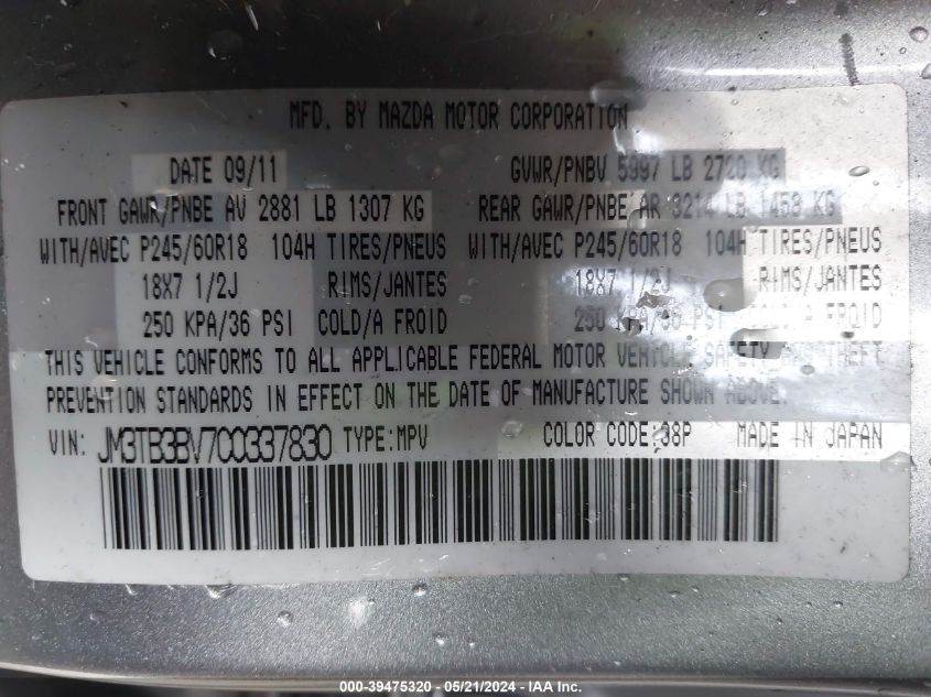 2012 Mazda Cx-9 Sport VIN: JM3TB3BV7C0337830 Lot: 39475320