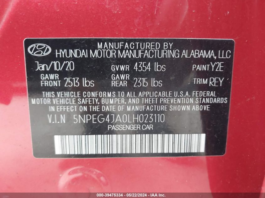 2020 Hyundai Sonata Se VIN: 5NPEG4JA0LH023110 Lot: 39475334