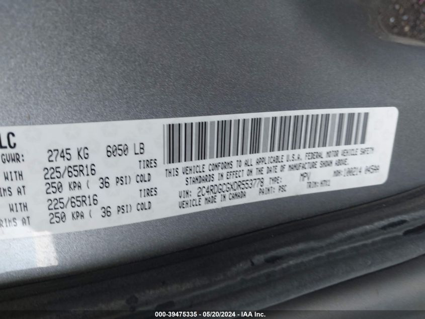 2013 Dodge Grand Caravan Sxt VIN: 2C4RDGCGXDR553778 Lot: 39475335