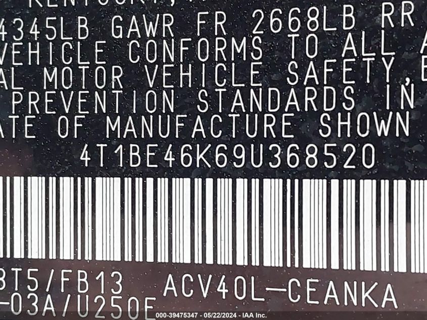 2009 Toyota Camry Le VIN: 4T1BE46K69U368520 Lot: 39475347