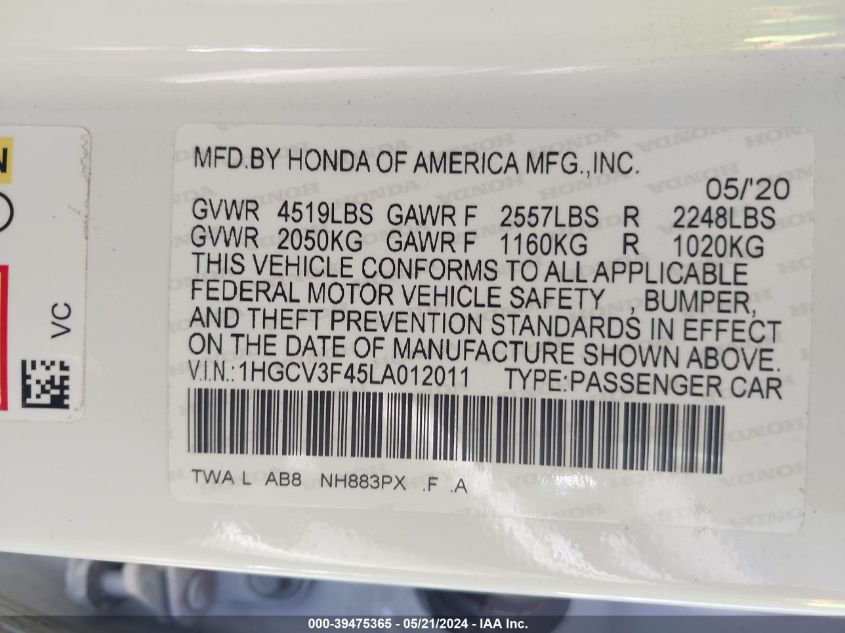 2020 Honda Accord Hybrid Ex VIN: 1HGCV3F45LA012011 Lot: 39475365