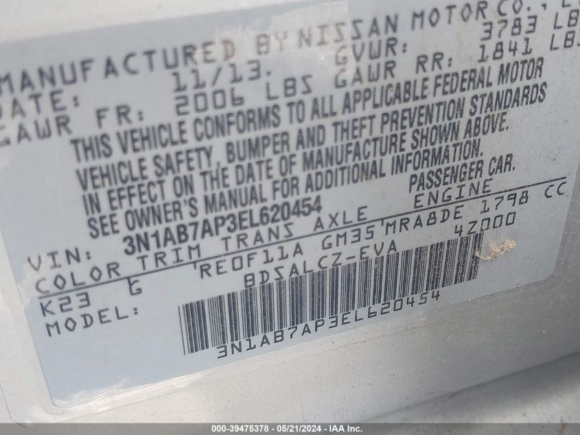 2014 Nissan Sentra S/Sv/Sr/Sl VIN: 3N1AB7AP3EL620454 Lot: 39475378