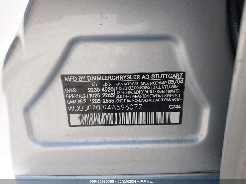 2004 Mercedes-Benz E 500 VIN: WDBUF70J94A596077 Lot: 39475380