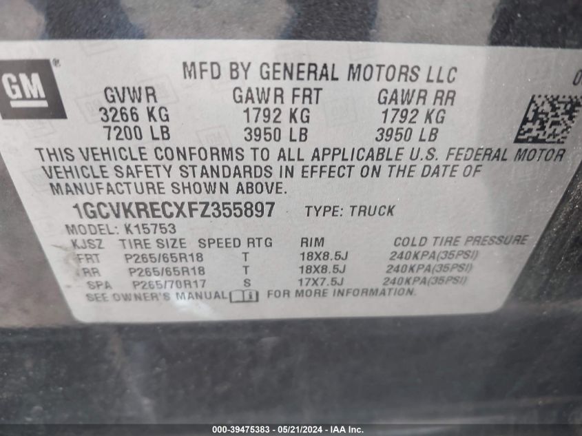 2015 Chevrolet Silverado 1500 2Lt VIN: 1GCVKRECXFZ355897 Lot: 39475383