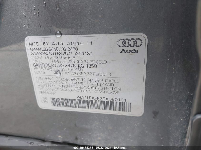 2012 Audi Q5 2.0T Premium VIN: WA1LFAFP3CA050101 Lot: 39475385