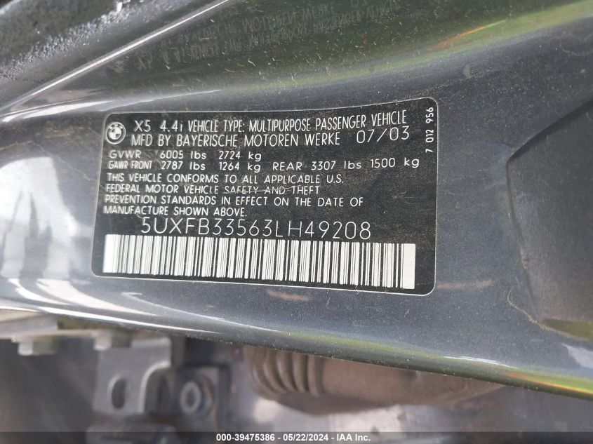 2003 BMW X5 4.4I VIN: 5UXFB33563LH49208 Lot: 39475386