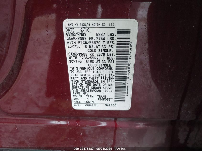 2010 Nissan Murano Le VIN: JN8AZ1MWXAW119997 Lot: 39475387