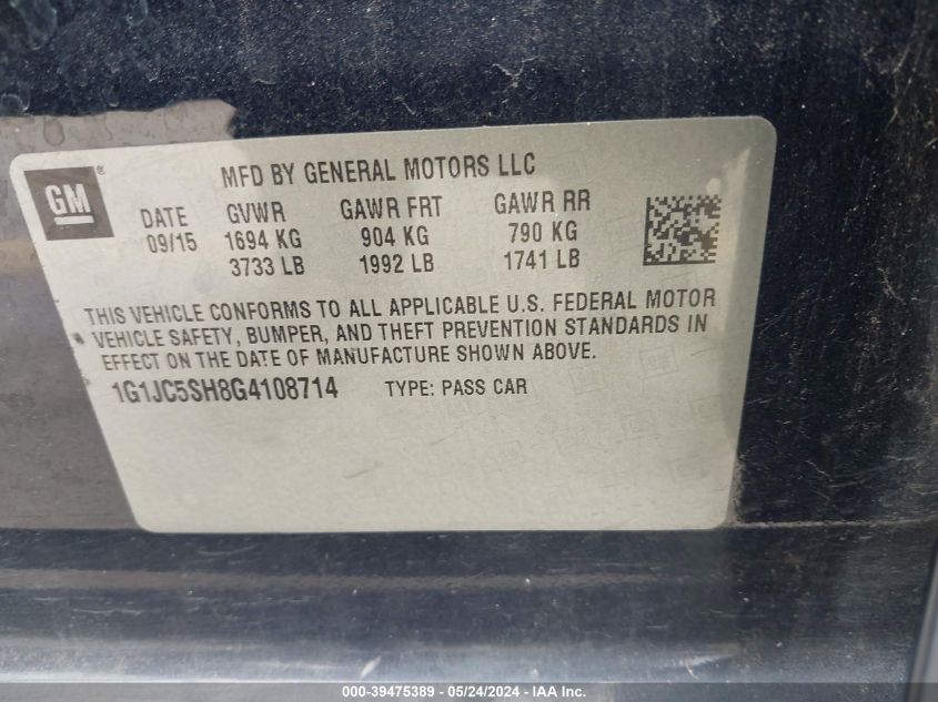 2016 Chevrolet Sonic Lt Auto VIN: 1G1JC5SH8G4108714 Lot: 39475389
