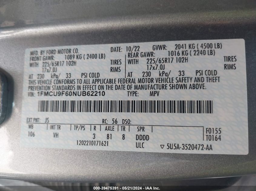 2022 Ford Escape S VIN: 1FMCU9F60NUB62210 Lot: 39475391