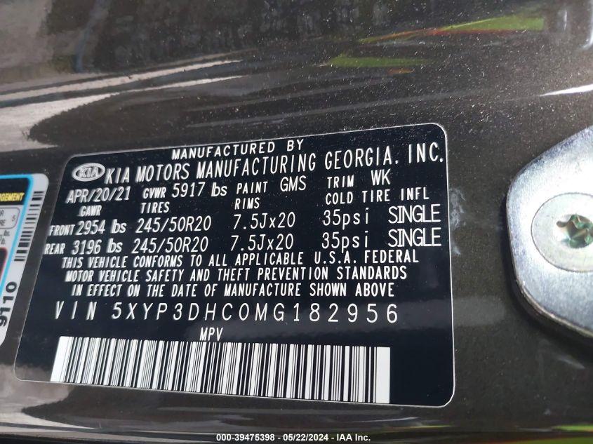 2021 Kia Telluride Ex VIN: 5XYP3DHC0MG182956 Lot: 39475398