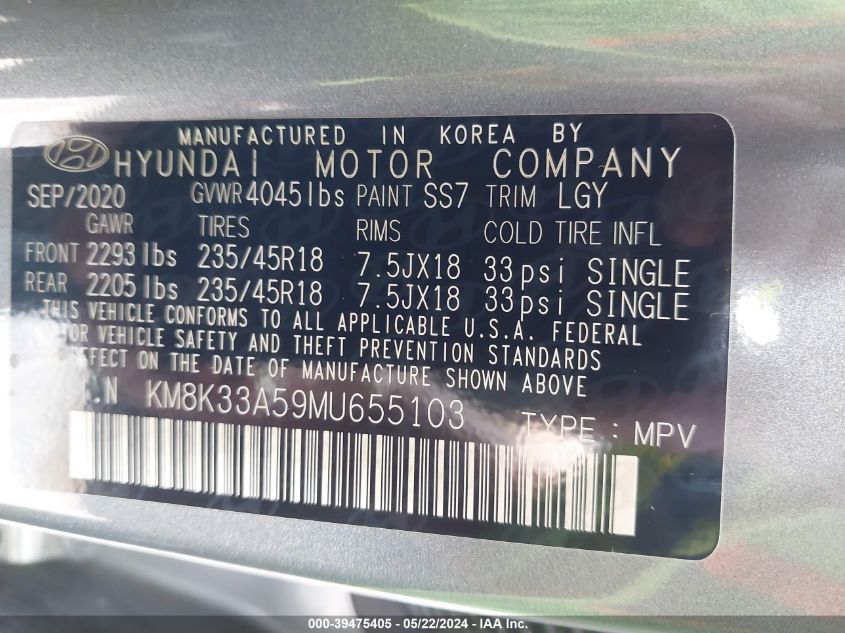 2021 Hyundai Kona Limited VIN: KM8K33A59MU655103 Lot: 39475405