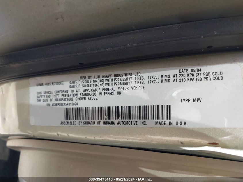 2005 Subaru Outback 3.0R L.l. Bean Edition VIN: 4S4BP86C454310328 Lot: 39475410