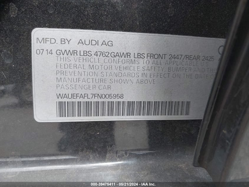 2015 Audi A4 2.0T Premium VIN: WAUEFAFL7FN005958 Lot: 39475411