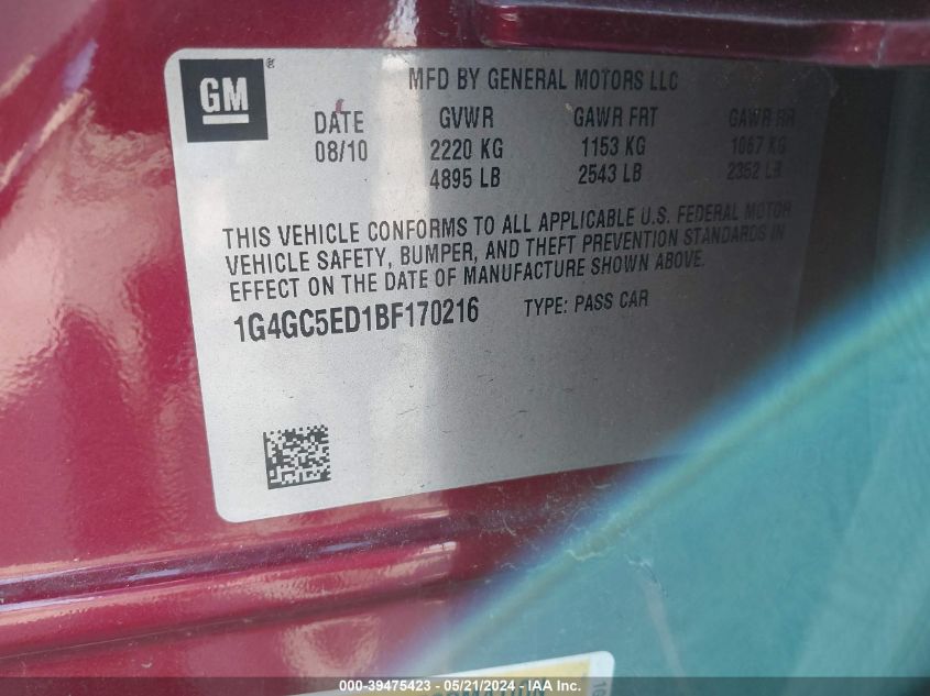 2011 Buick Lacrosse Cxl VIN: 1G4GC5ED1BF170216 Lot: 39475423