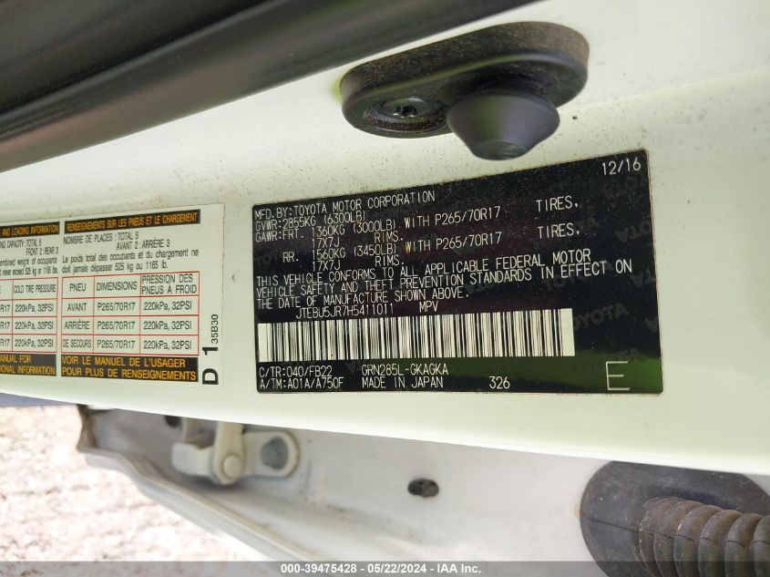 2017 Toyota 4Runner Sr5 VIN: JTEBU5JR7H5411011 Lot: 39475428