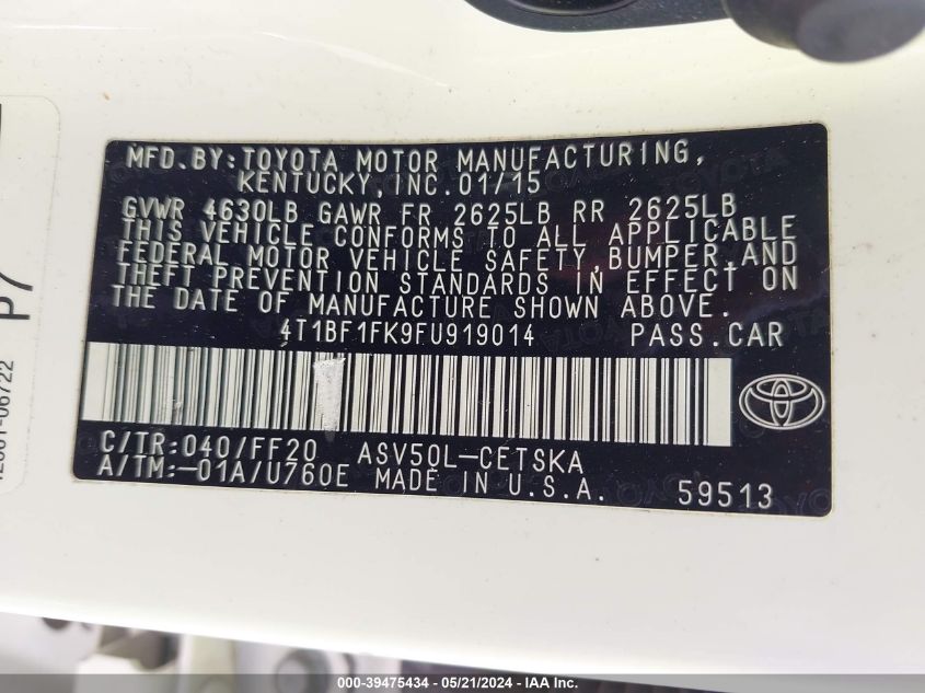 2015 Toyota Camry Se VIN: 4T1BF1FK9FU919014 Lot: 39475434