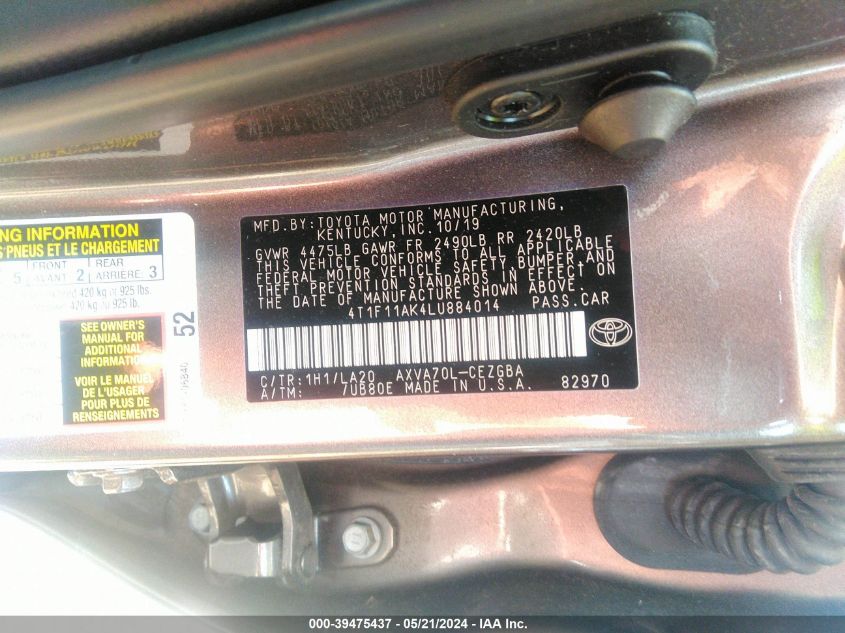 2020 Toyota Camry Xle VIN: 4T1F11AK4LU884014 Lot: 39475437