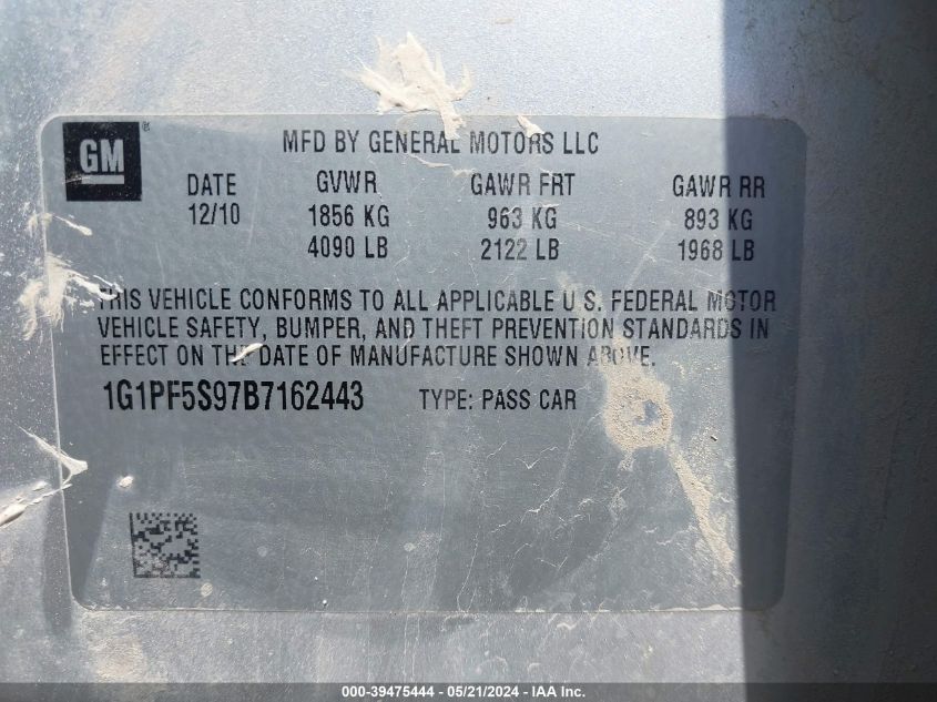 2011 Chevrolet Cruze 1Lt VIN: 1G1PF5S97B7162443 Lot: 39475444