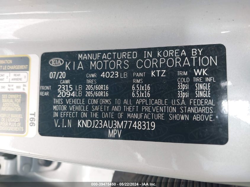 2021 Kia Soul S VIN: KNDJ23AU3M7748319 Lot: 39475450