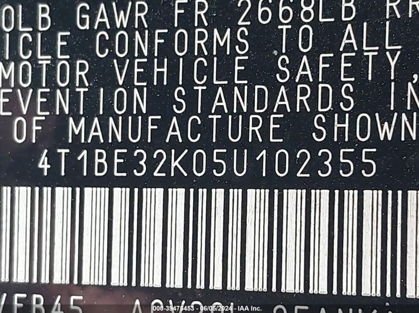 2005 Toyota Camry Le VIN: 4T1BE32K05U102355 Lot: 39475453