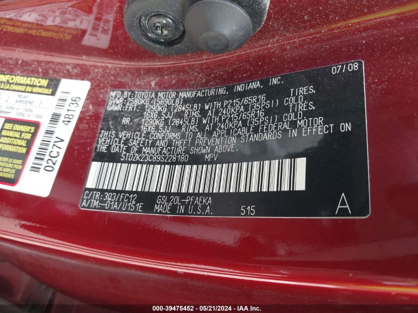 2009 Toyota Sienna Le VIN: 5TDZK23C89S228180 Lot: 39475452