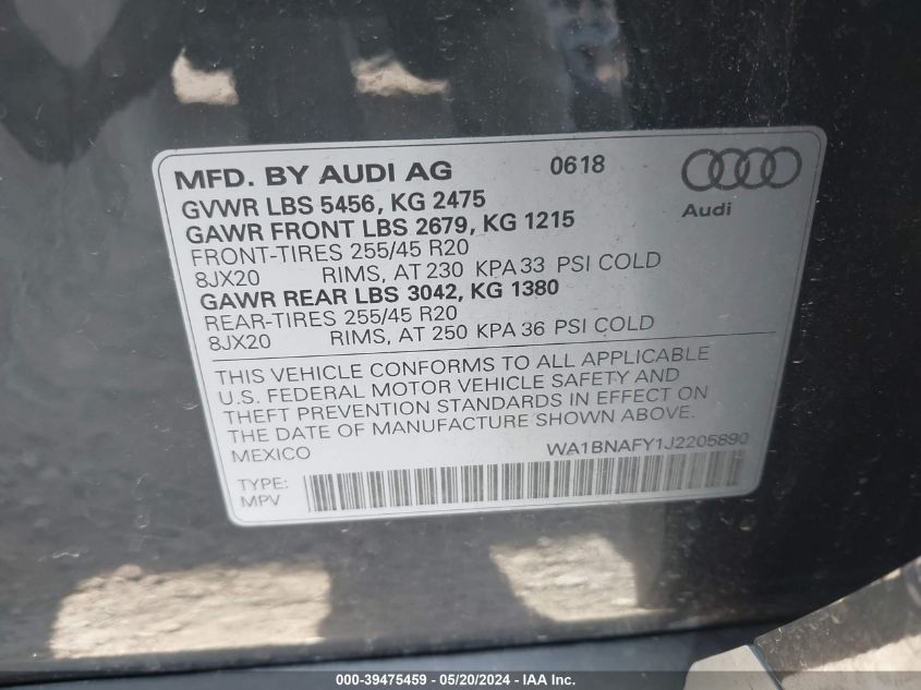 2018 Audi Q5 2.0T Premium/2.0T Tech Premium VIN: WA1BNAFY1J2205890 Lot: 39475459