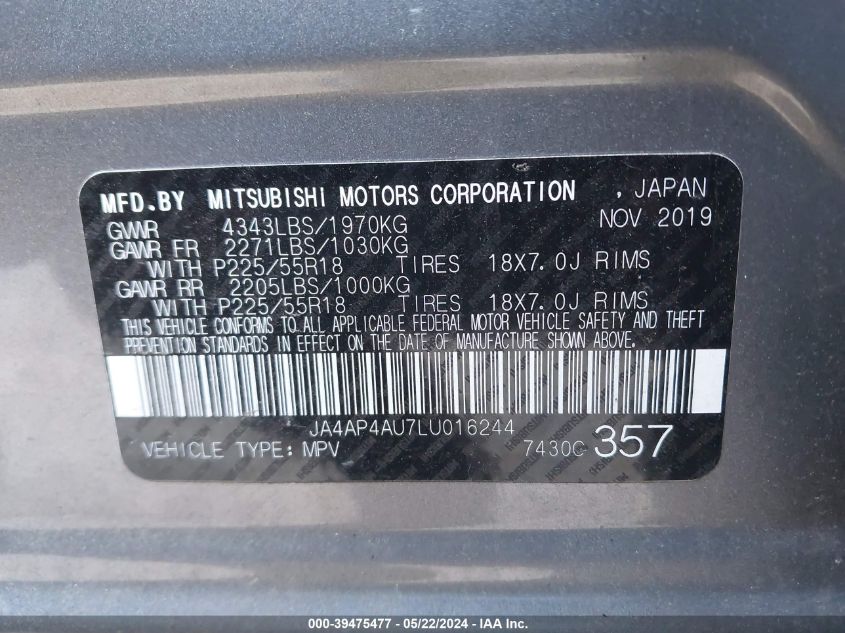 2020 Mitsubishi Outlander Sport 2.0 Se VIN: JA4AP4AU7LU016244 Lot: 39475477