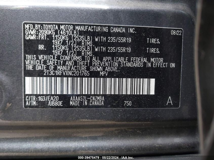 2022 Toyota Rav4 Xle Premium VIN: 2T3C1RFVXNC201765 Lot: 39475479