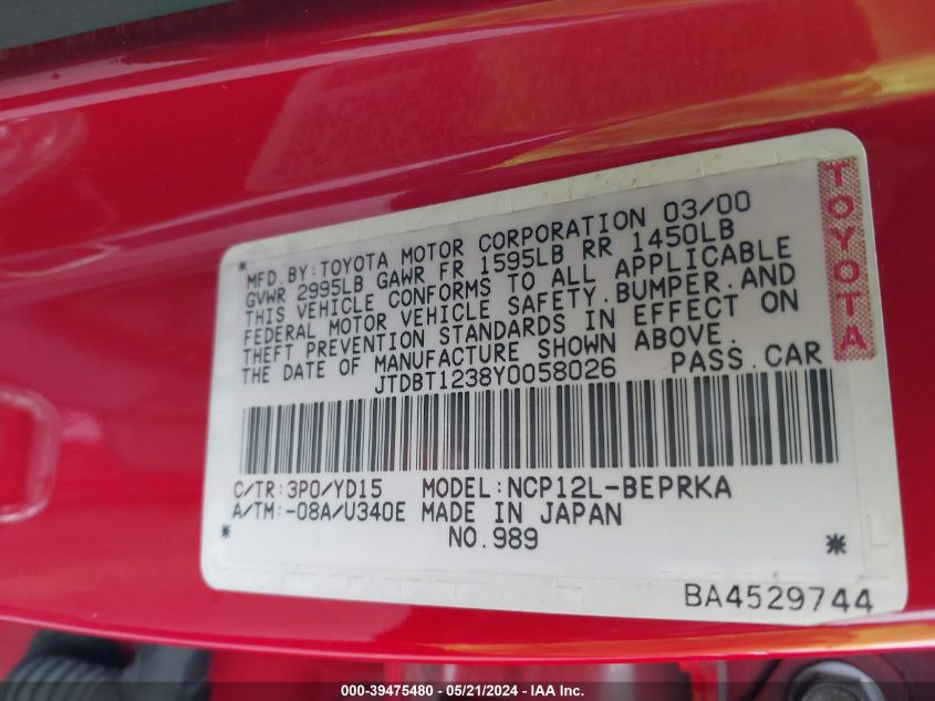 2000 Toyota Echo VIN: JTDBT1238Y0058026 Lot: 39475480