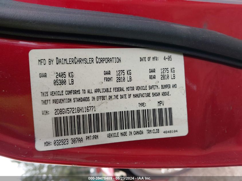 2006 Dodge Magnum Rt VIN: 2D8GV57216H116771 Lot: 39475489