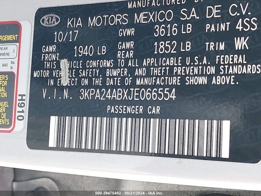 2018 Kia Rio Lx VIN: 3KPA24ABXJE066554 Lot: 39475492