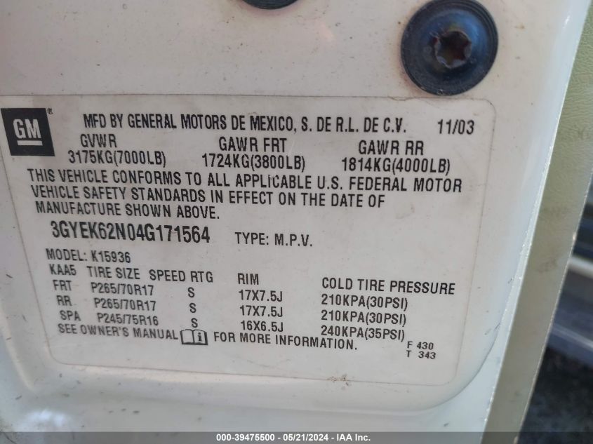 2004 Cadillac Escalade Ext Standard VIN: 3GYEK62N04G171564 Lot: 39475500