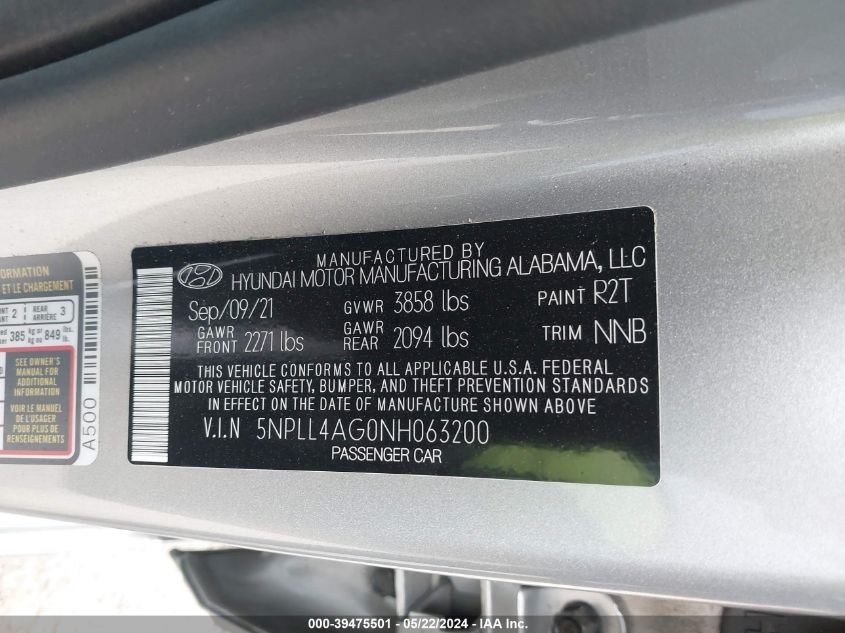 2022 Hyundai Elantra Se VIN: 5NPLL4AG0NH063200 Lot: 39475501