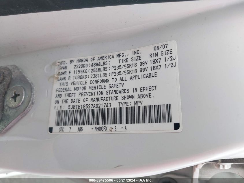 2007 Acura Rdx VIN: 5J8TB18527A021743 Lot: 39475506