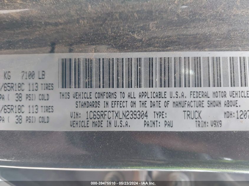 2020 Ram 1500 Tradesman Quad Cab 4X4 6'4 Box VIN: 1C6SRFCTXLN239304 Lot: 39475510