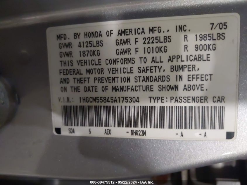 2005 Honda Accord 2.4 Ex VIN: 1HGCM55845A175304 Lot: 39475512