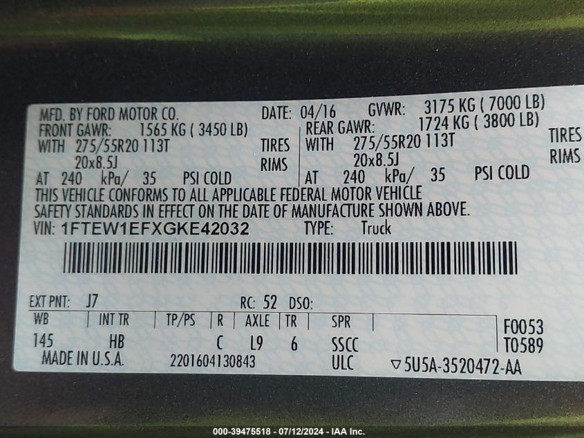 2016 Ford F-150 Lariat VIN: 1FTEW1EFXGKE42032 Lot: 39475518