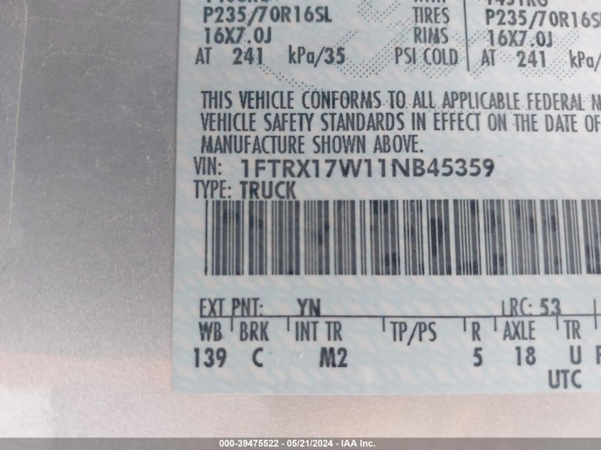 2001 Ford F-150 Lariat/Xl/Xlt VIN: 1FTRX17W11NB45359 Lot: 39475522