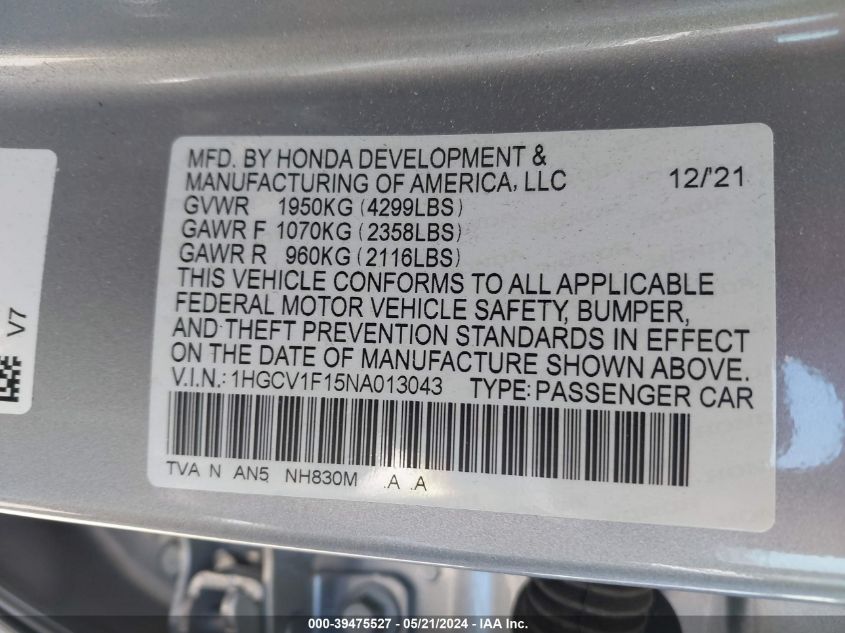 2022 Honda Accord Lx VIN: 1HGCV1F15NA013043 Lot: 39475527