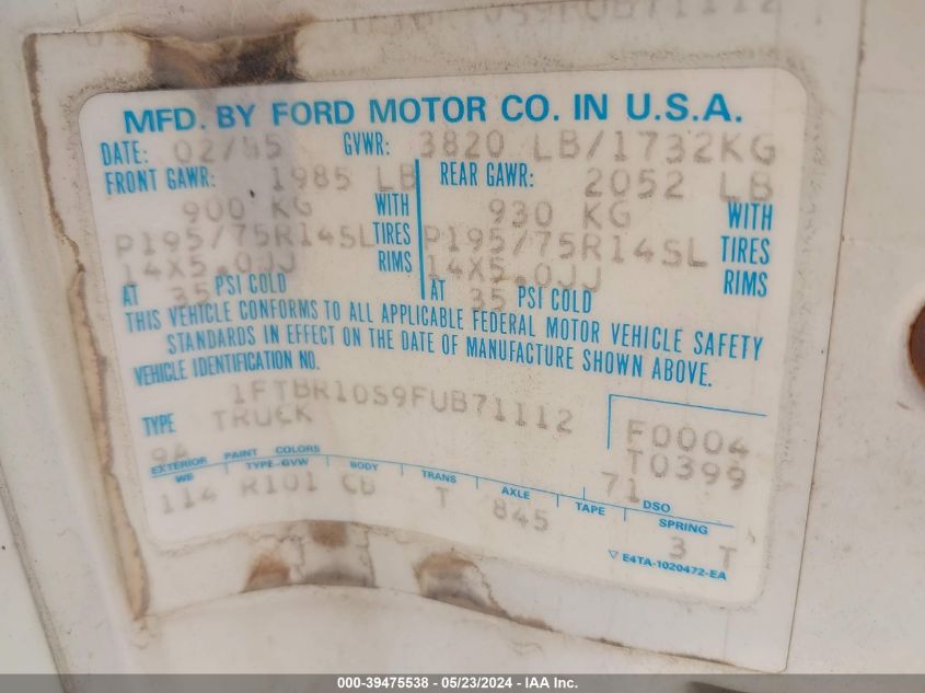 1985 Ford Ranger VIN: 1FTBR10S9FUB71112 Lot: 39475538