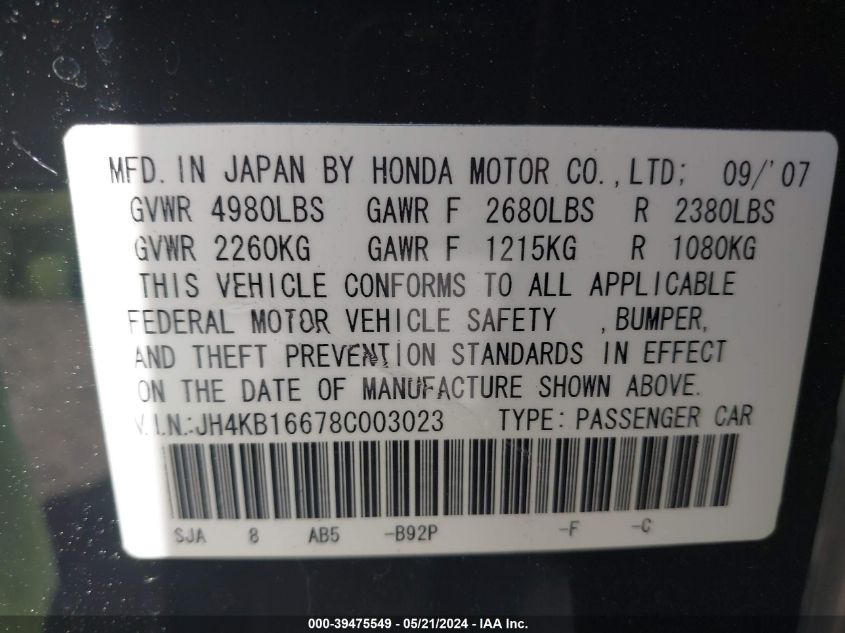 2008 Acura Rl 3.5 VIN: JH4KB16678C003023 Lot: 39475549