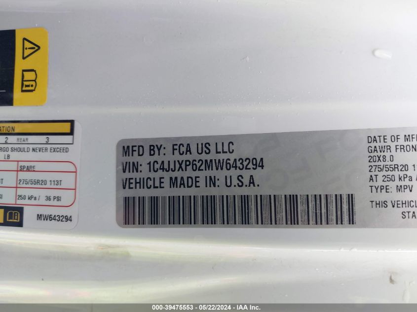 2021 Jeep Wrangler 4Xe Unlimited High Altitude 4X4 VIN: 1C4JJXP62MW643294 Lot: 39475553