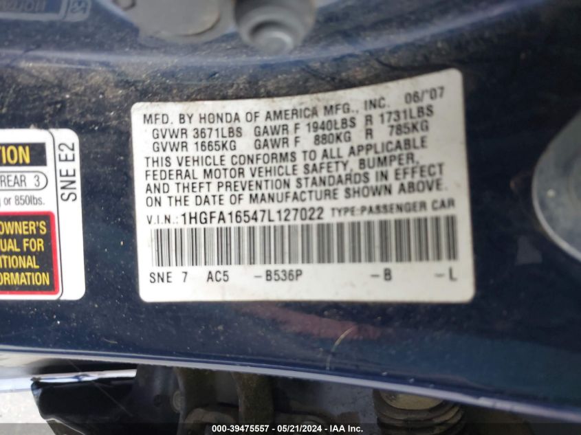 2007 Honda Civic Lx VIN: 1HGFA16547L127022 Lot: 39475557