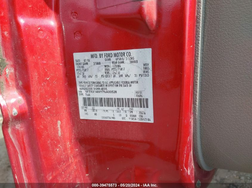 2007 Ford F-150 Fx4/Stx/Xl/Xlt VIN: 1FTRX14W17NA00528 Lot: 39475573