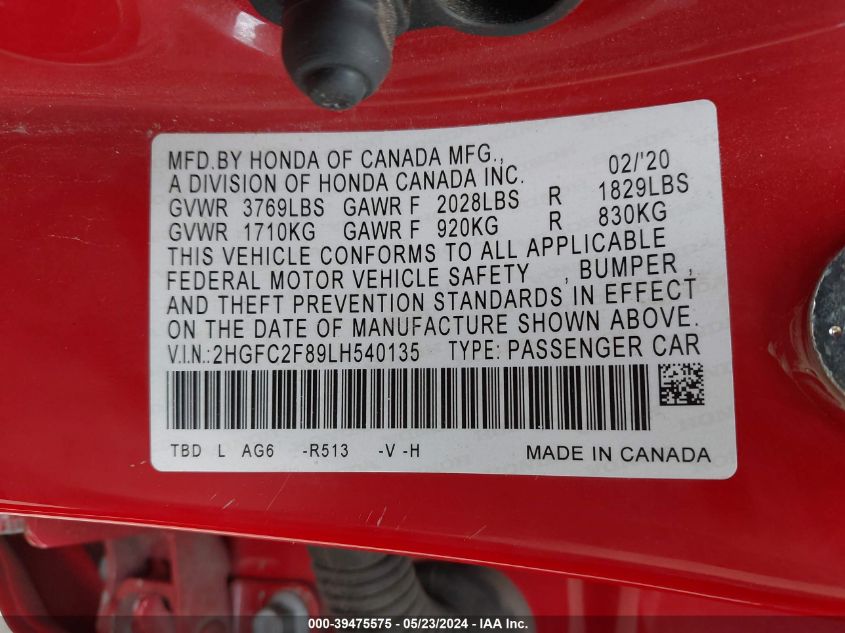 2020 Honda Civic Sport VIN: 2HGFC2F89LH540135 Lot: 39475575