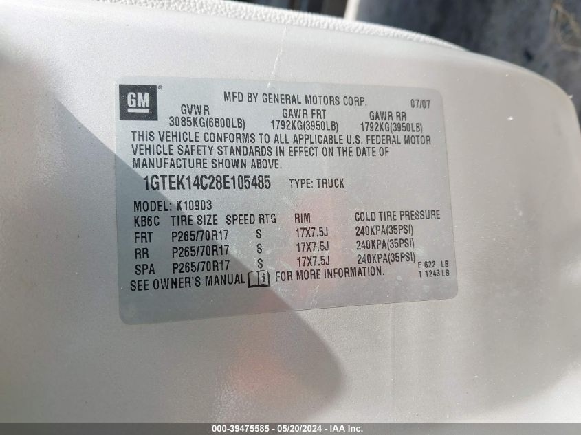 2008 GMC Sierra 1500 Work Truck VIN: 1GTEK14C28E105485 Lot: 39475585