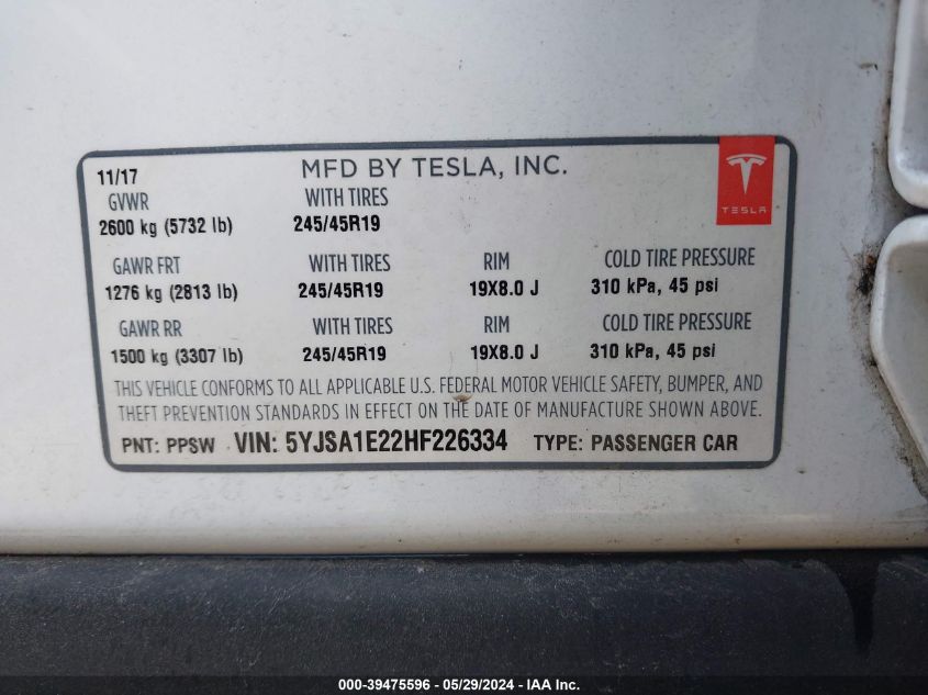 2017 Tesla Model S 100D/60D/75D/90D/P100D VIN: 5YJSA1E22HF226334 Lot: 39475596