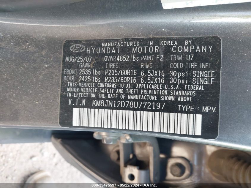 2008 Hyundai Tucson Limited V6/Se VIN: KM8JN12D78U772197 Lot: 39475597