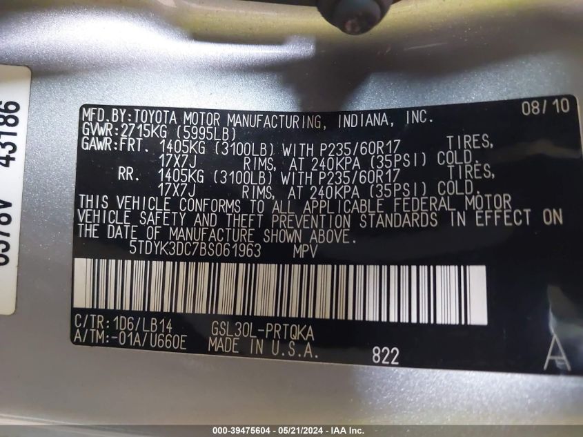 2011 Toyota Sienna Xle V6 VIN: 5TDYK3DC7BS061963 Lot: 39475604